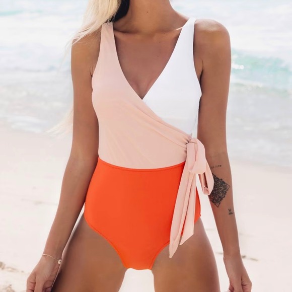 Cupshe NWT Orange And White Bowknot One piece Swimsuit Large - Picture 1 of 9
